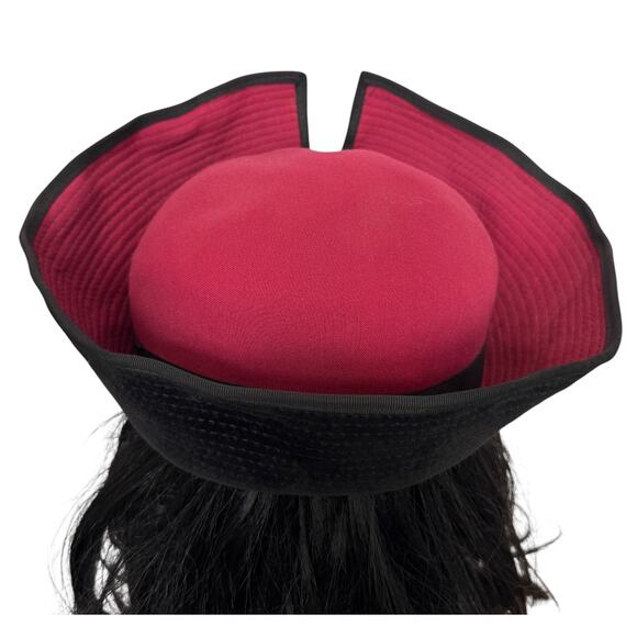 1950s Jaeger London Black Velvet Tilt Cocktail Hat Burgundy 21” Made UK main image 4